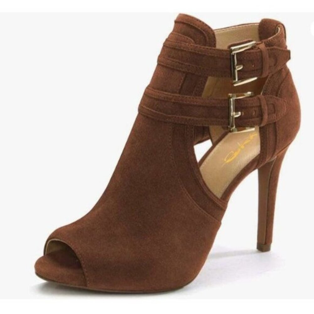 XYD Brown Suede Peep Toe High Heels Buckled Double Straps Cutout Ankle Bootie